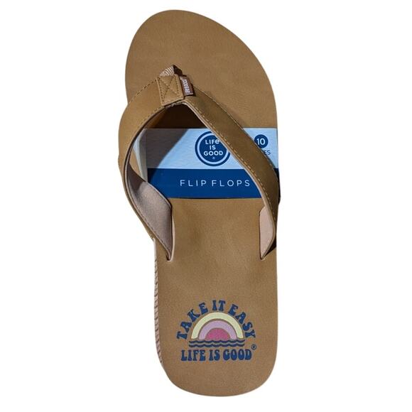 Life Is Good Womens Beige Flip Flops, Size 10, Take It Easy Beach Summer Sandals - Picture 1 of 6